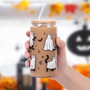 Halloween Glass Cups, 18oz Halloween Cute Ghost Cat Glass Cup w/Lids Straws, Halloween Tumbler Mug, Halloween Spooky Gifts, Boo basket stuffers, With Halloween Car Coasters and Keychain Wristlet