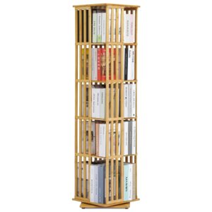 sfihome 5-tier rotating bookshelf tower, 360° tall floor standing bookcase book shelf, bamboo narrow bookshelves storage display rack shelves for corner, living room, office, natural