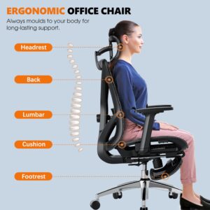 GABRYLLY Ergonomic Office Chair with Adjustable Lumbar Support, 3D Armrests & Headrest, 135° Reclining Chair with Footrest & Large Steel Base,300LBS Swivel Desk Chair(GYMN01)