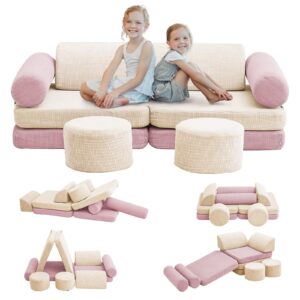 modular kids play couch, 10pcs kids modular couch in colorblocked corduroy, kids couch for playroom, modular couch kids for playing, creativing, modular kids couch (beige, light pink)