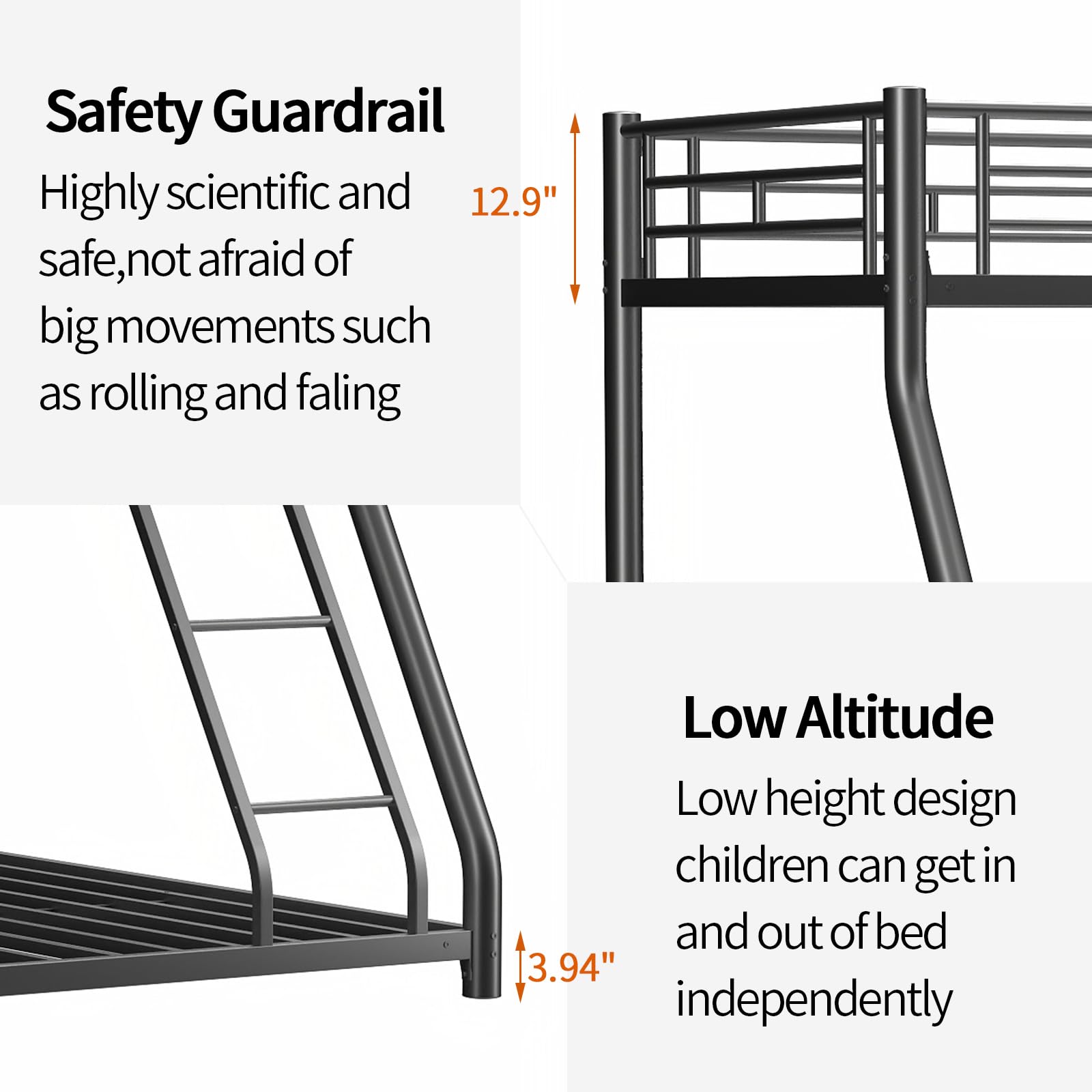 QSOSTNS Metal Bunk Bed Twin Over Full Size with Removable Stairs, Heavy Duty Sturdy Frame, Smooth Rounded Edges, No Boxspring Required, for Small Spaces, Twin-Over-Full (Black)