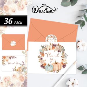 Whaline 36 Pack Fall Thank You Cards Watercolor Pumpkin Floral Greeting Cards Blank Note Cards with Envelope & Stickers for Autumn Thanksgiving Party Supplies, 4 x 6 Inch