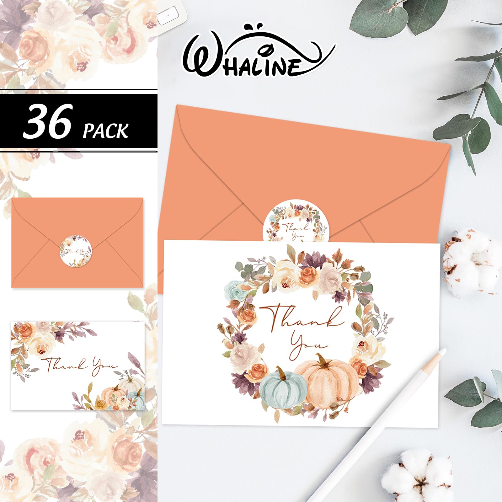 Whaline 36 Pack Fall Thank You Cards Watercolor Pumpkin Floral Greeting Cards Blank Note Cards with Envelope & Stickers for Autumn Thanksgiving Party Supplies, 4 x 6 Inch