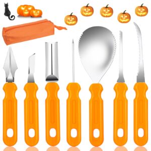 halloween pumpkin carving tools kit, professional and heavy duty stainless steel pumpkin cutter knife saw scoop tools set for kids or adults, 7pcs carving set for halloween decoration jack-o-lanterns