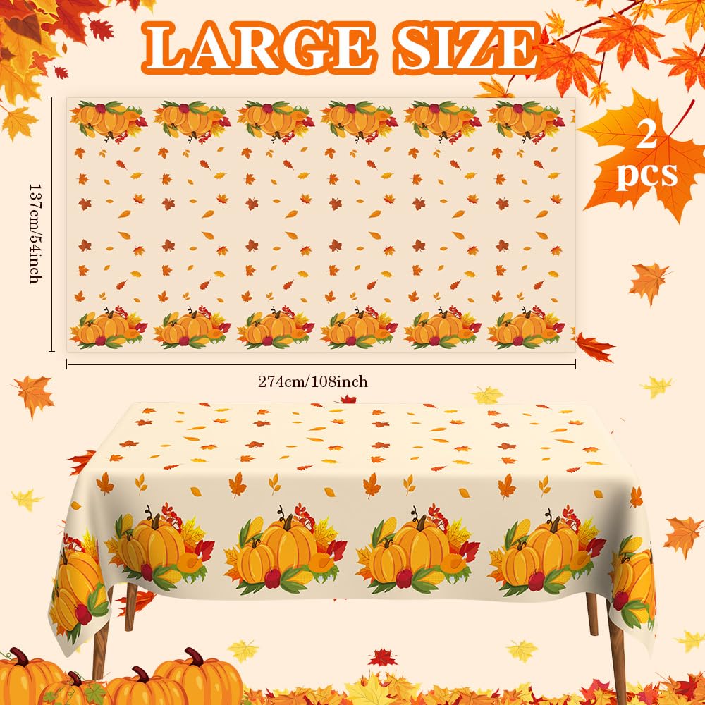 Thanksgiving Tablecloth Disposable, Fall Tablecloth, 2 PCS Friendsgiving Tablecloth, Plastic Autumn Pumpkins Maple Leaves Harvest Table Cover for Thanksgiving Party Decorations Table Decor, 54”x108”