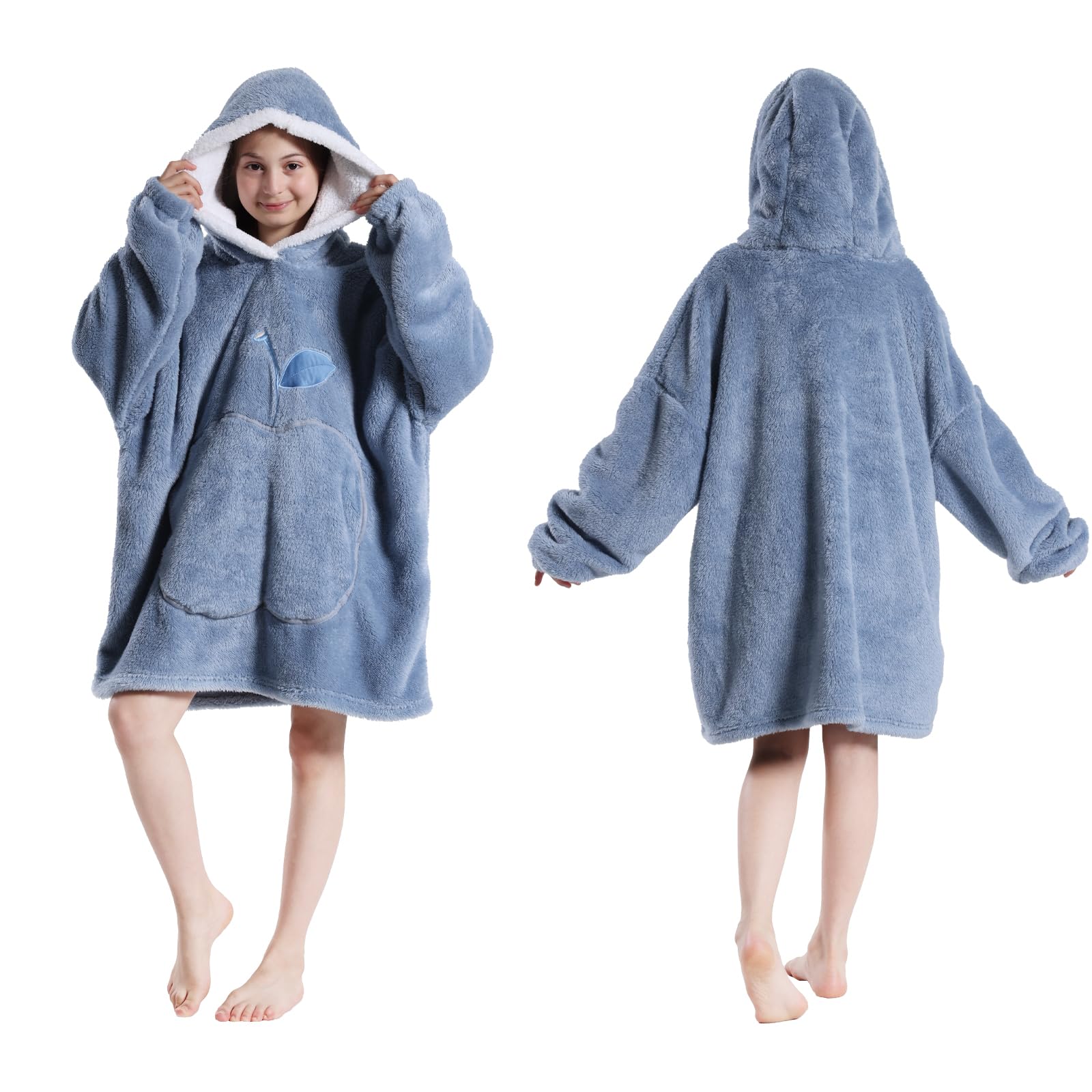 GoodtoU Wearable Kids Blanket Hoodie, Oversized Hooded Blanket Fluffy Plush Blanket Sweatshirt Warm Cozy Gifts for Boys Girls - Blue