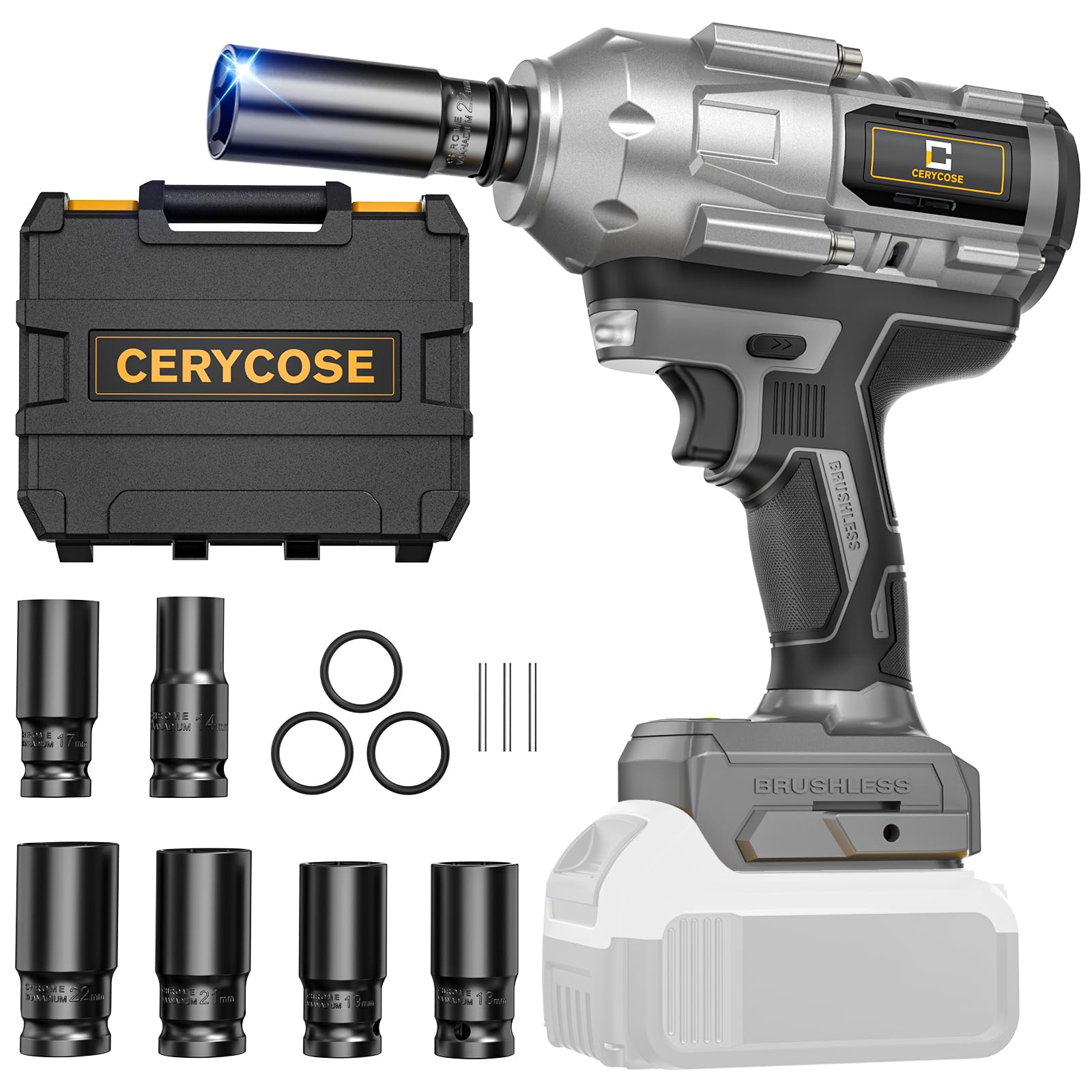 Cordless Impact Wrench 1/2 inch for Dewalt Battery 900FT-LBS with 6 Sockets and Durable Toolbox Brushless Impact Gun Includes LED Work Light - High Torque Impact Driver, No Battery