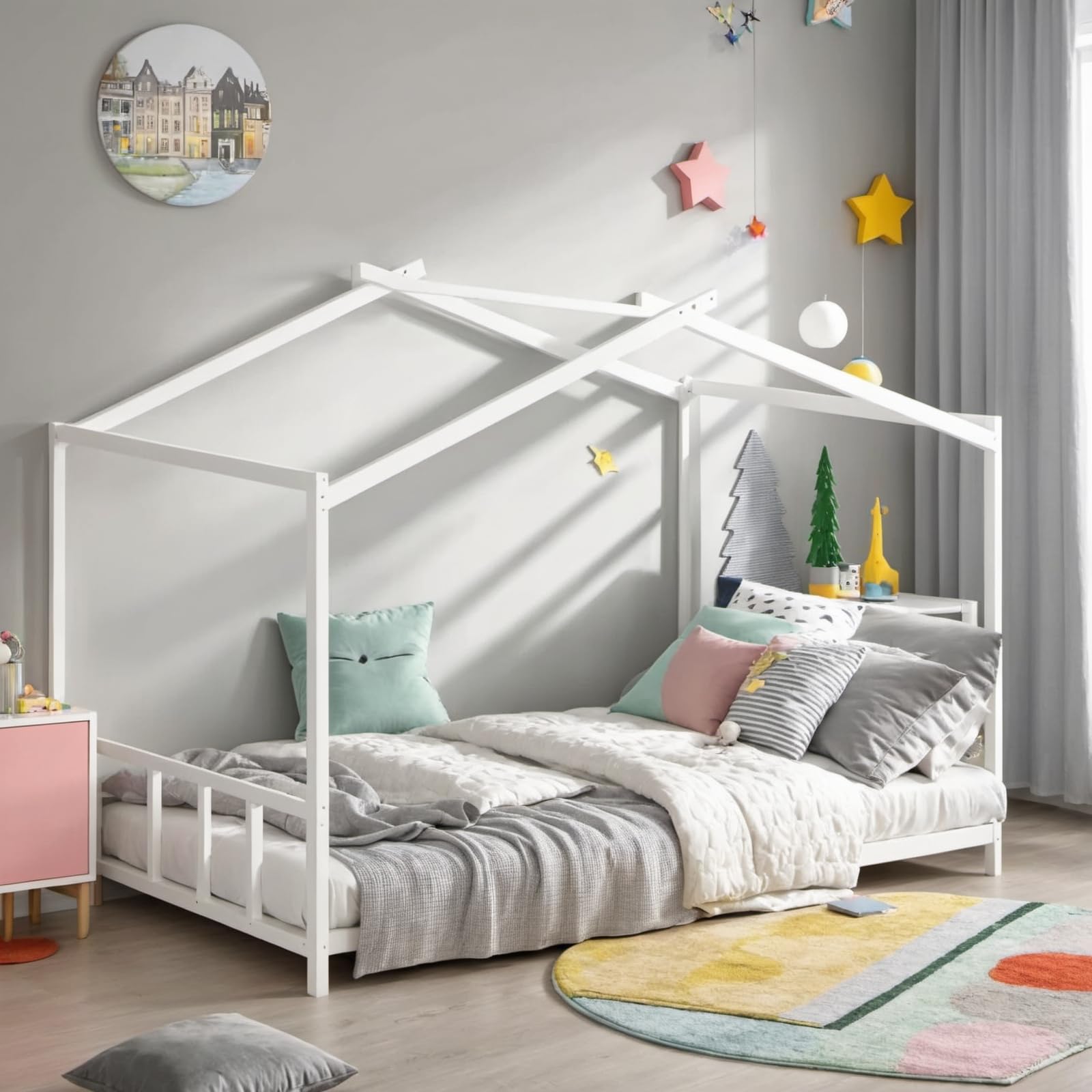 UOCFYK Twin Size Floor Bed with Roof Design for Kids, Girls, Boys,Montessori Floor Bedframe for Small Space,Easy Assembly & No Box Spring Needed, White