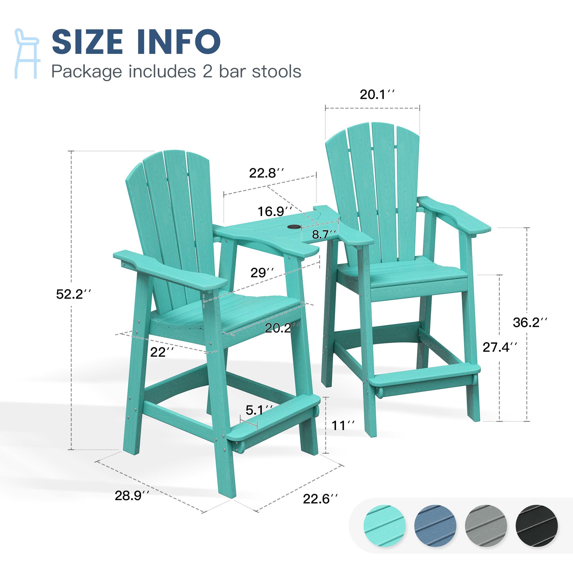 DIFY Outdoor Tall Adirondack Bar Set of 2, Patio Bar Stools with Umbrella Hole, HDPE Bar Height Chair Set for Deck Lawn Garden and Pool, Lake Blue