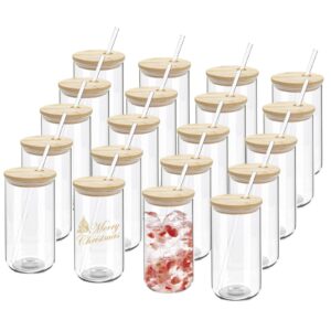 wheathusk 20 pack drinking glass cups with bamboo lids and glass straws 16oz iced coffee cups clear glass tumblers can shaped drinking beer glasses cute cups for tea, smoothie, whiskey, soda, gift