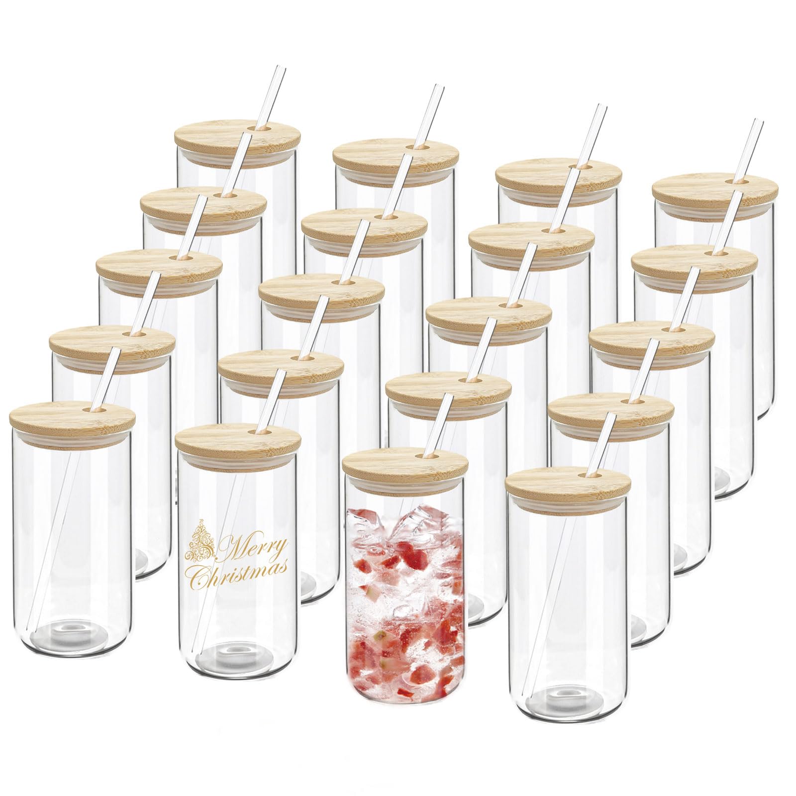 WHEATHUSK 20 Pack Drinking Glass Cups with Bamboo Lids and Glass Straws 16oz Iced Coffee Cups Clear Glass Tumblers Can Shaped Drinking Beer Glasses Cute Cups for Tea, Smoothie, Whiskey, Soda, Gift