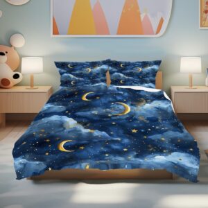 Lokaluo Moon Duvet Cover Queen Size 3D Printed Moon Stars Duvet Cover Set Clouds Space Galaxy Bedding Set Bedroom Decor 3 Pcs Comforter Cover with 2 Pillowcases