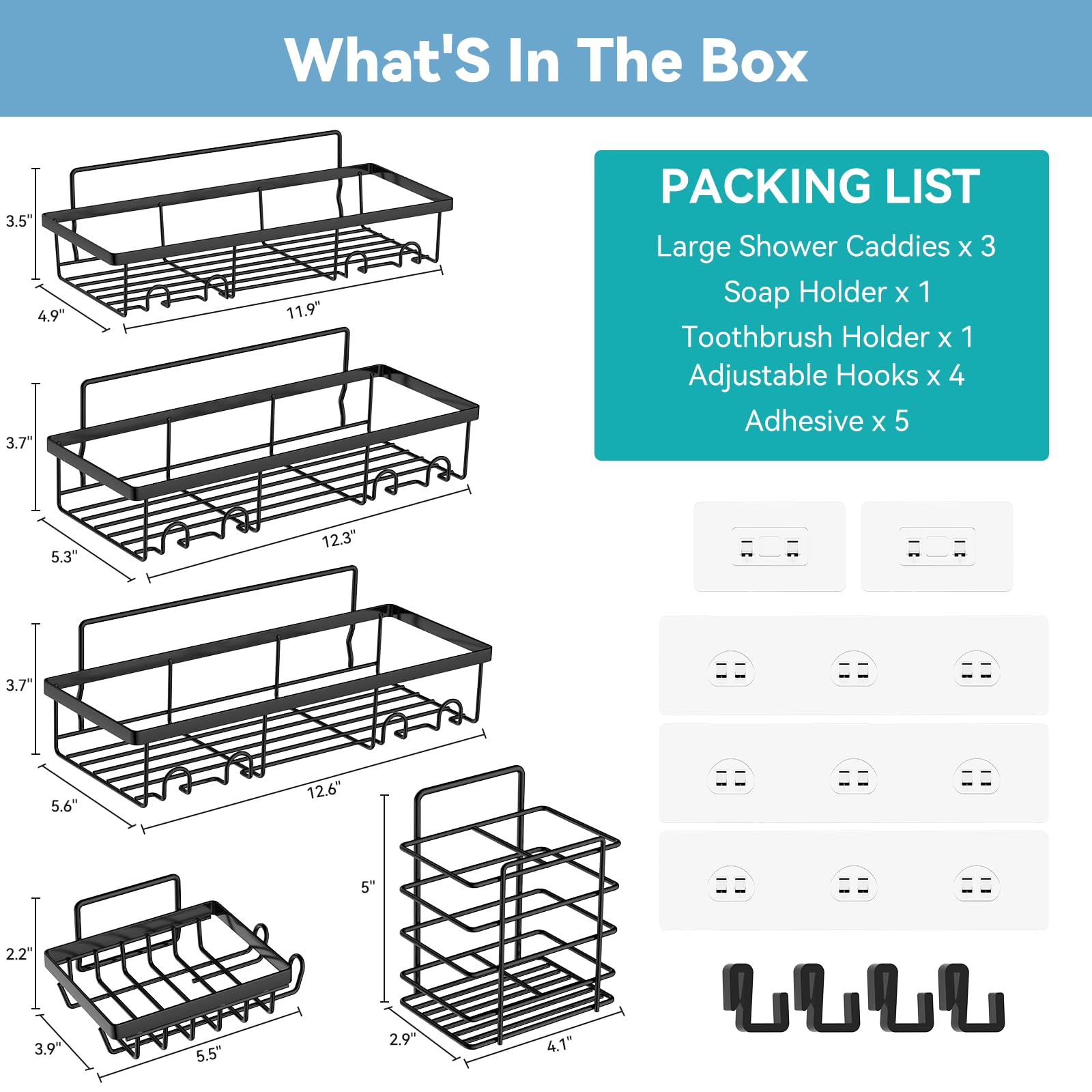 MakeFit Shower Caddy 5 Pack, Adhesive Shower Organizer Storage for Bathroom & Kitchen, Large Capacity No Drilling Rustproof Stainless Steel Bathroom Organizer, Shower Shelves Rack for Inside Shower