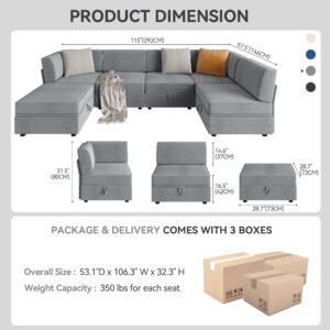 Lvifur 115” Sectional Couches for Living Room, Modern Modular Sofas with Storage, U/L Shaped 6 Seat Convertible Couch Sofa Set with Removable Cushion Cover (Light Grey)