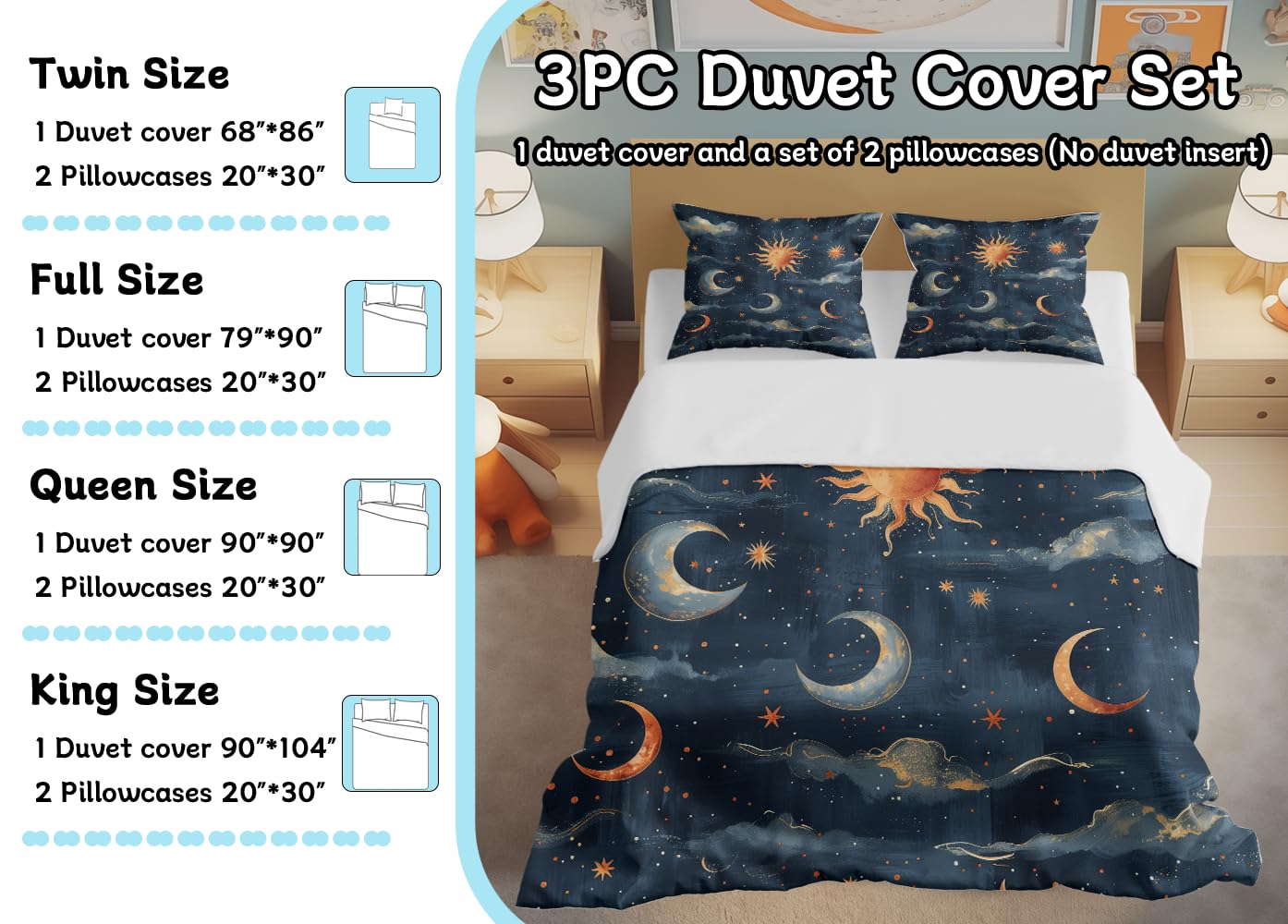 Lokaluo Moon Duvet Cover Queen Size 3D Printed Moon Sun Duvet Cover Set Stars Clouds Cosmic Sun Bedding Set Bedroom Decor 3 Pcs Comforter Cover with 2 Pillowcases