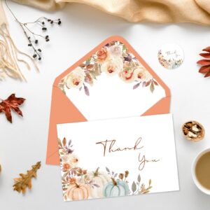 Whaline 36 Pack Fall Thank You Cards Watercolor Pumpkin Floral Greeting Cards Blank Note Cards with Envelope & Stickers for Autumn Thanksgiving Party Supplies, 4 x 6 Inch