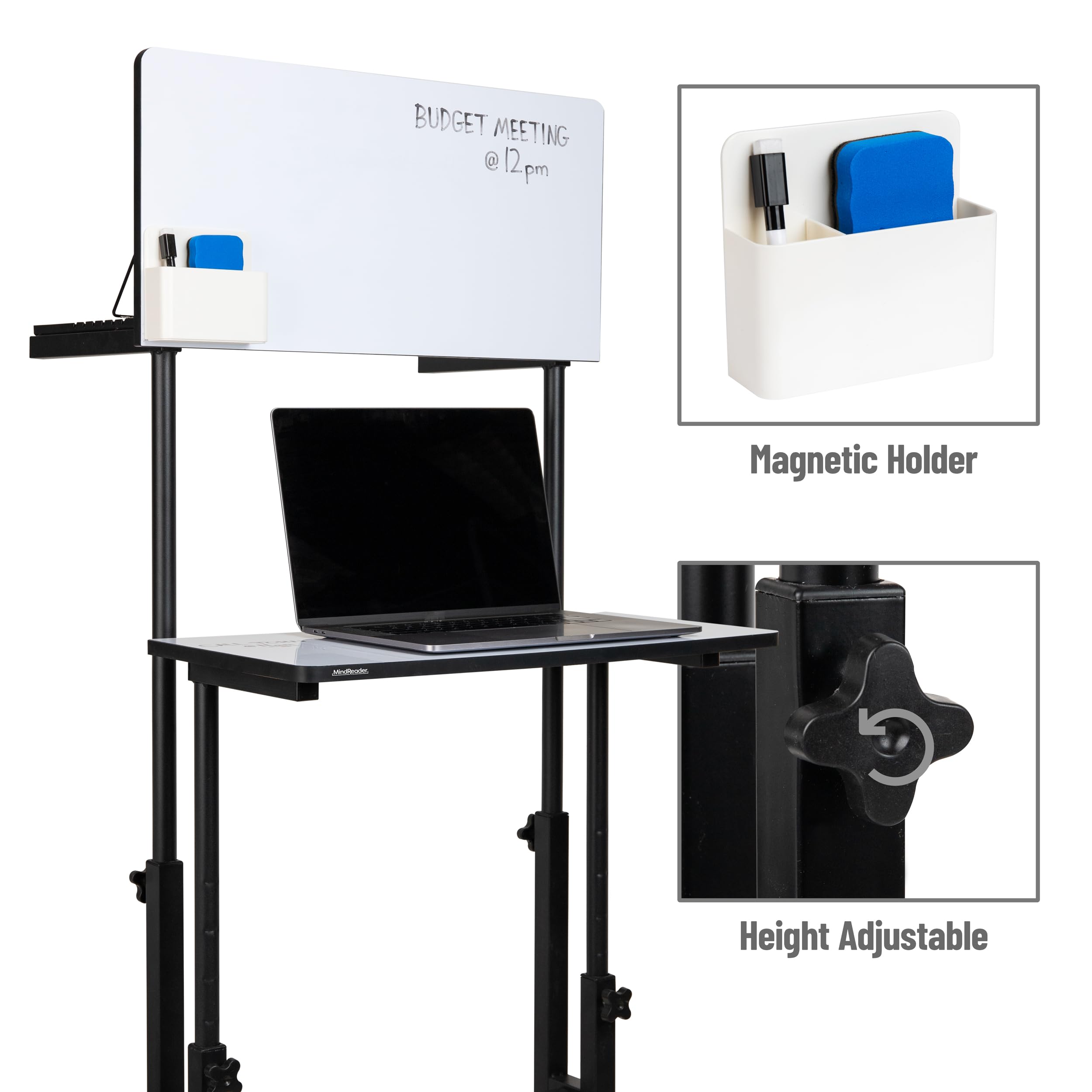 Mind Reader Standing Whiteboard Desk, Adjustable Height, Computer Desk, Laptop Desk, Portable, Rolling, 21" L x 21.5" W x 68.5" H, White