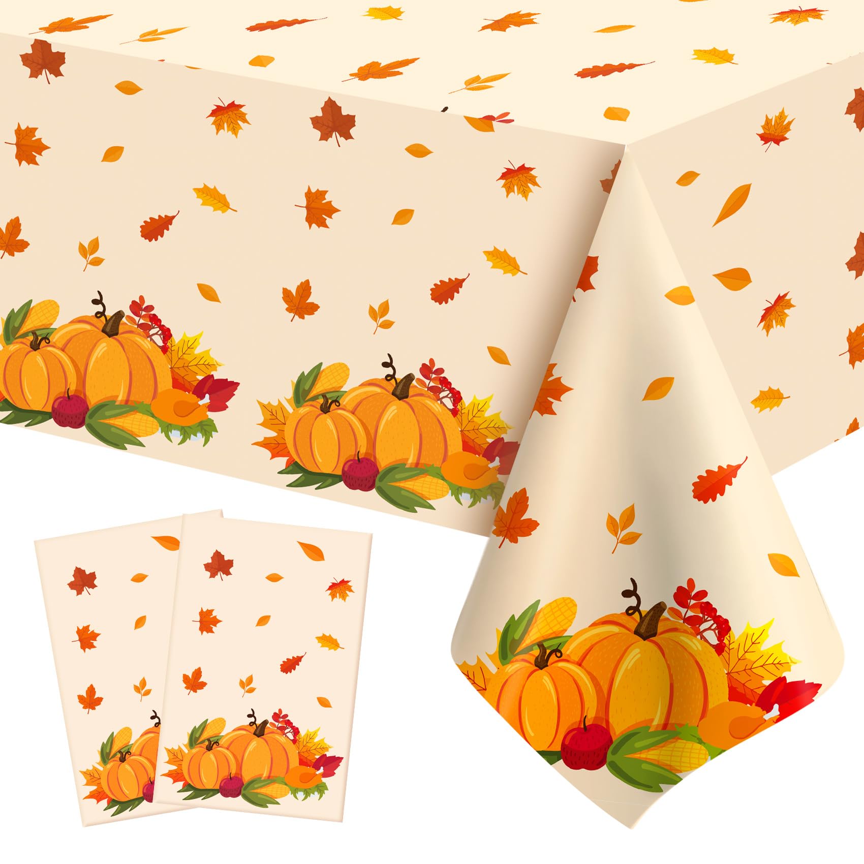 Thanksgiving Tablecloth Disposable, Fall Tablecloth, 2 PCS Friendsgiving Tablecloth, Plastic Autumn Pumpkins Maple Leaves Harvest Table Cover for Thanksgiving Party Decorations Table Decor, 54”x108”