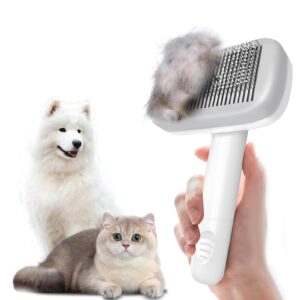 cat brush with negative ions,self cleaning slicker brush for dogs & cats with release button,cat brush for long or short haired cats,cat brushes for indoor cats shedding,calming dogs and cats