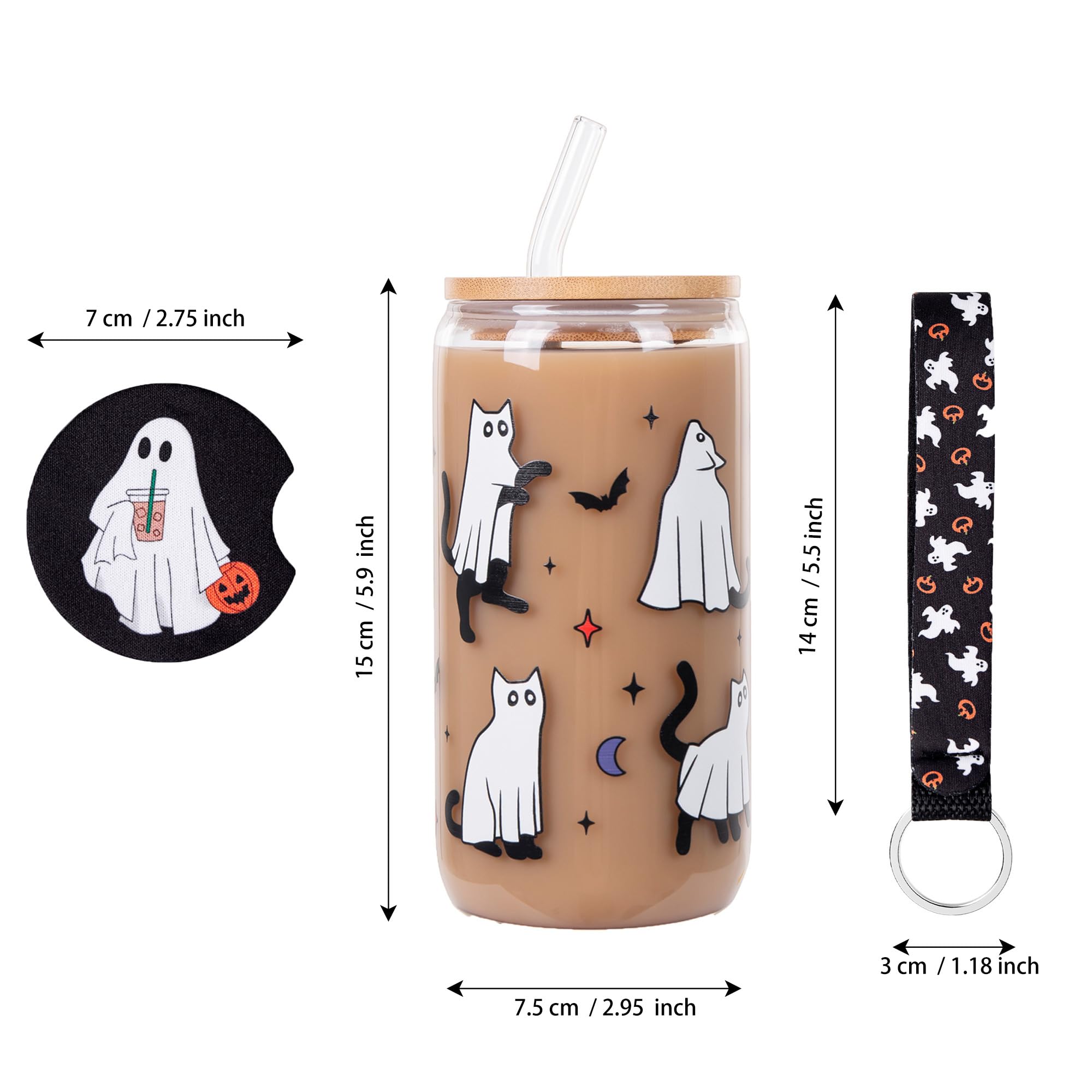 Halloween Glass Cups, 18oz Halloween Cute Ghost Cat Glass Cup w/Lids Straws, Halloween Tumbler Mug, Halloween Spooky Gifts, Boo basket stuffers, With Halloween Car Coasters and Keychain Wristlet