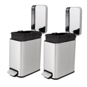 QUALIAZERO 5L / 1.3 Gallon Stainless Steel Step-On Bathroom Trash Can, Slim Shape, Pack of 2, Starter Set (Stainless Steel)