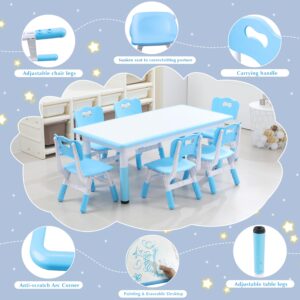 Goldshire Kids Table and 6 Chairs Set with Graffiti Desktop, Toddler Furniture Set, Non-Slip, Table Children Study Desk, Dining Table, Height Adjustable Desk, Painting Desktop for Kids (47.2x23.6Inch)