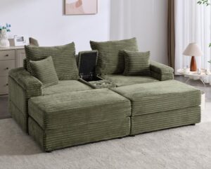 suheww oversized loveseat sectional sofa couch with ottomans, oversized 2-seater green corduroy chaise lounge chair with usb ports, corduroy sofa double-upholstered comfy sleeper sofa for living room