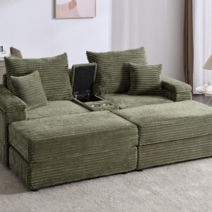 Suheww Oversized Loveseat Sectional Sofa Couch with Ottomans, Oversized 2-Seater Green Corduroy Chaise Lounge Chair with USB Ports, Corduroy Sofa Double-Upholstered Comfy Sleeper Sofa for Living Room