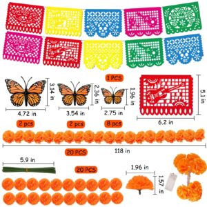 Day of The Dead Decorations Kit,9 Mexican Banners Papel Picado,9.8ft 20Led Marigold Garland,20 Marigold Flowers with Stem,12PCS Butterfly,Dia de Los Muertos Decorations for Halloween Indian Party