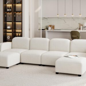 Favfurish 116" U Shaped Modular Sofa,6 Seat Reversible Free Combination Velvet Set,Convertible Sleeper Couched,with Ottoman,for Living, Apartment,Sleeping Room,Beige, 116in