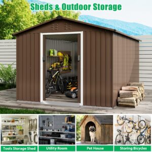 GarveeLife 8x15 Ft Outdoor Storage Shed, Large Garden Metal Shed with Sloped Roof & Lockable Door, Backyard Garden Patio Lawn Outdoor Shed for Organising Tools and Equipment in Yard, Garden, Brown