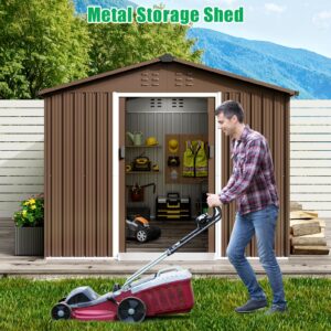 GarveeLife 8x15 Ft Outdoor Storage Shed, Large Garden Metal Shed with Sloped Roof & Lockable Door, Backyard Garden Patio Lawn Outdoor Shed for Organising Tools and Equipment in Yard, Garden, Brown