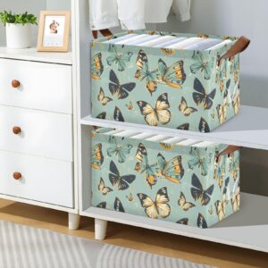 KUEJOP Mint Green Butterflies Rectangle Storage Bin, Decorative Collapsible Organizer Storage Basket with Handles for Home