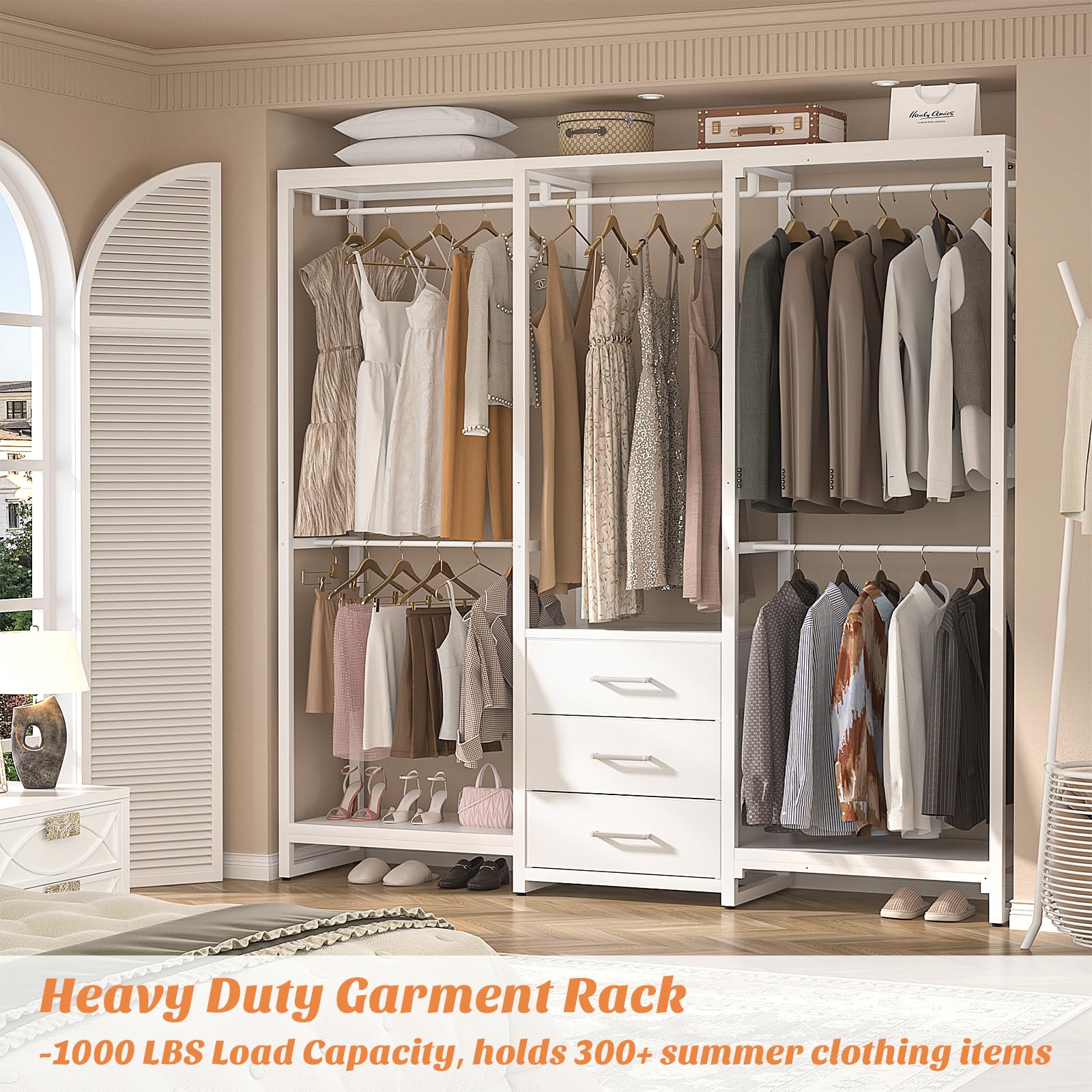 Aheaplus Garment Rack Heavy Duty Clothes Rack for Hanging Clothes,Clothing Rack with Drawers, Wood Stoarge Shelf Freestanding Closet Wardrobe Rack, Corner L Shaped Closet System Organizers, W3,White