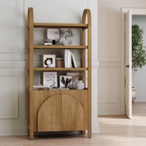 nathan james iris 3 tier bookshelf, arched bookcase cabinet, solid wood bookcase with cabinet base, boho bookshelf in unbrushed light brown finish