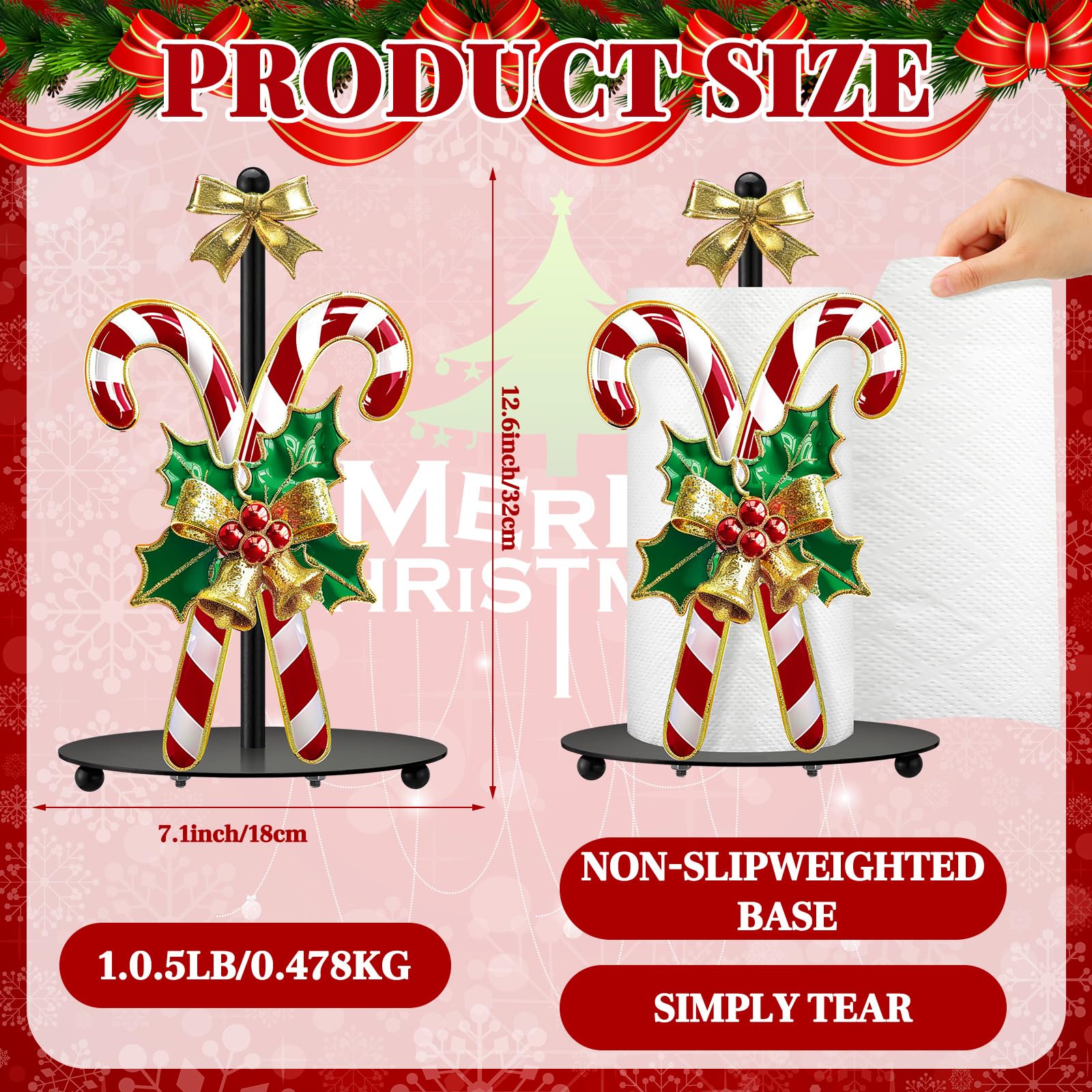 Shellwei Candy Cane Christmas Paper Towel Holder with Round Base Christmas Bathroom Decor Rustic Paper Towel Dispenser Kitchen Paper Holder Stand for Countertop Toilet Home Accessories