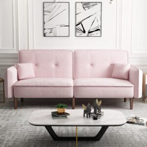 lopoo modern convertible sleeper futon sofa bed with solid wood legs, stylish fabric upholstery, foldable loveseat velvet couch, comfortable foam filling, 2 side pockets, 3 positions, pink