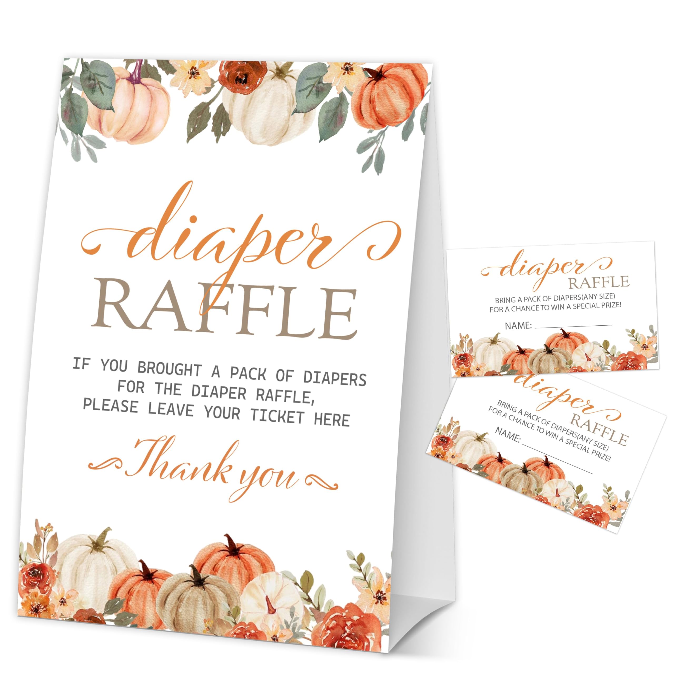 Thanksgiving Diaper Raffle Tickets, Fall Pumpkin Baby Shower Raffle Tickets for Gender Reveal Party Games, Autumn Baby Shower Decorations, 1 Sign & 50 Guess Cards-A04