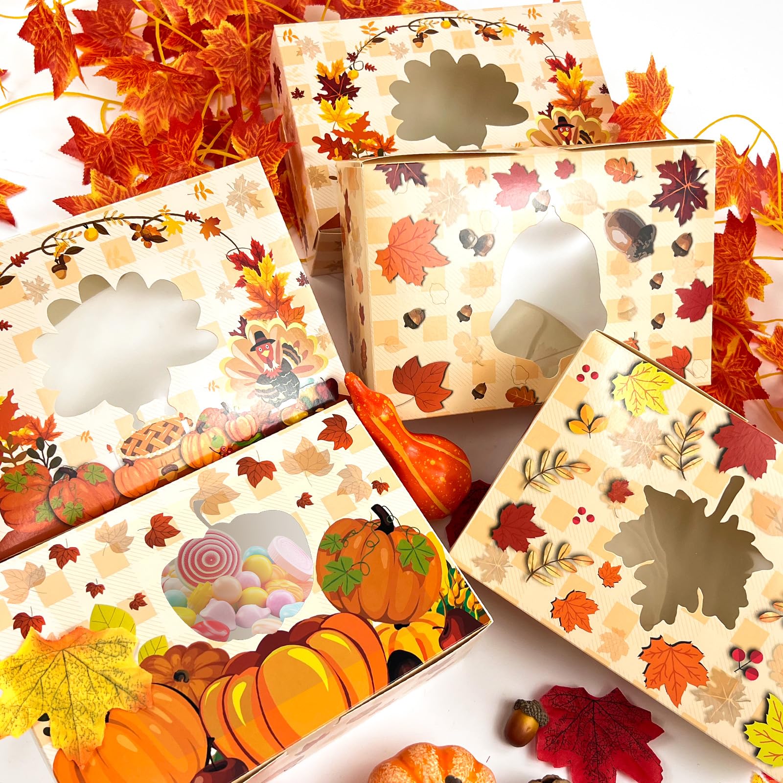 24Pcs Fall Cookie Boxes with Window, Autumn Maple Leaf Cookie Gift Cardboard Paper Treat Boxes Cookie Goody Container for Fall Harvest Wedding Thanksgiving Party Supplies