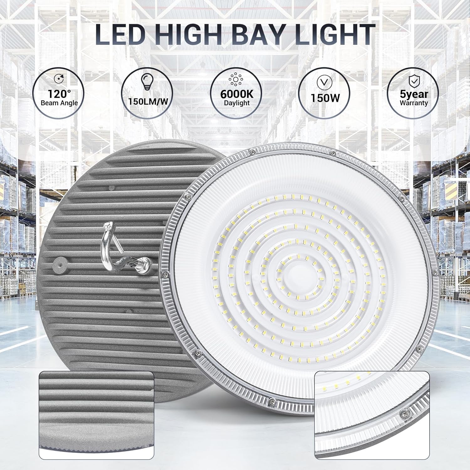 XYCN 10 Pack 150W UFO Led High Bay Light 6000K Daylight,120VAC,Commercial Bay Lighting,IP66 Waterproof,21050LM,650W MH/HPS with Plug Area Lighting for Warehouse/Shop/Workshop/Garage/Barn/Gym/Factory