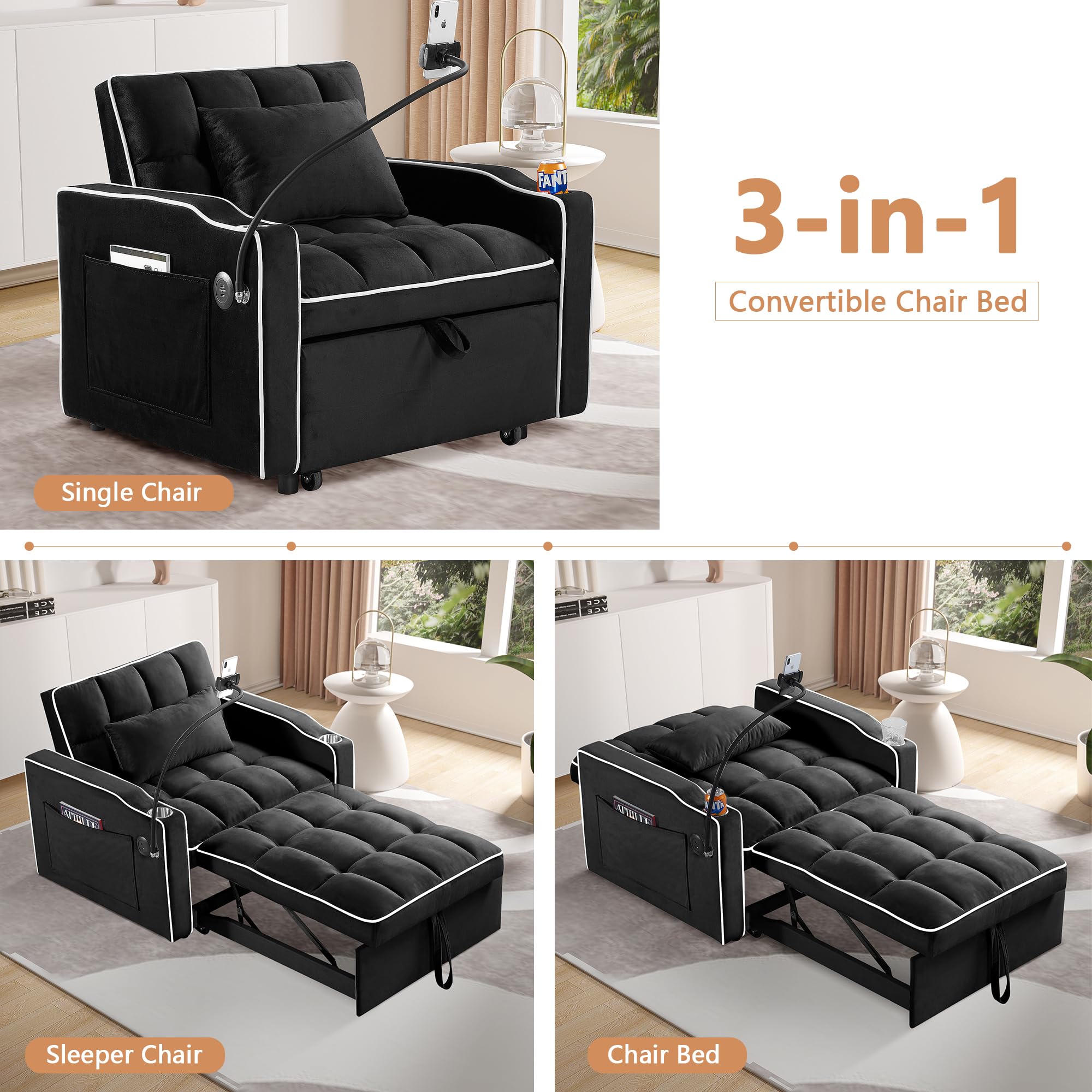 Setawix Convertible Chair Bed Sleeper, Tufted Velvet Pull Out Sleeper Chair with USB Ports & Phone Holder, Adjustable Armchair with Cup Holder Single Sofa Chair for Living Room Bedroom, Black