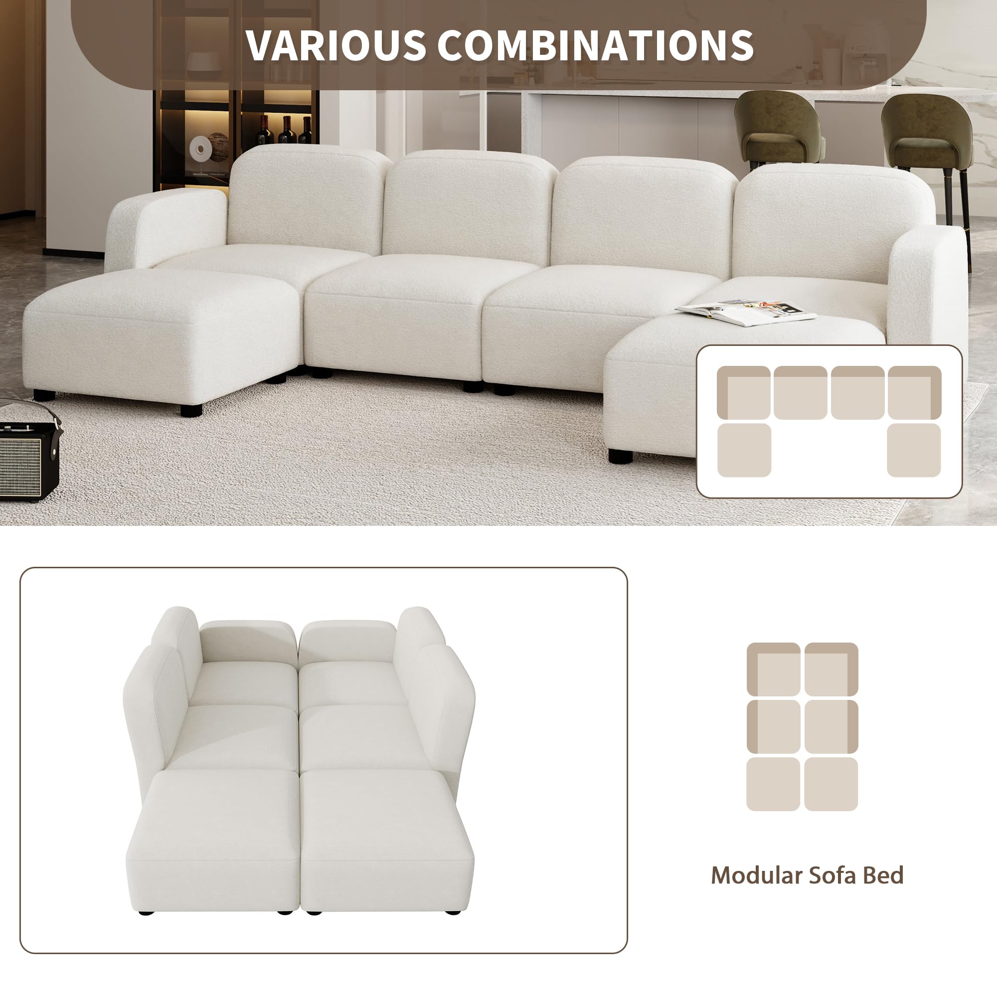 Favfurish 116" U Shaped Modular Sofa,6 Seat Reversible Free Combination Velvet Set,Convertible Sleeper Couched,with Ottoman,for Living, Apartment,Sleeping Room,Beige, 116in