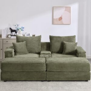 Suheww Oversized Loveseat Sectional Sofa Couch with Ottomans, Oversized 2-Seater Green Corduroy Chaise Lounge Chair with USB Ports, Corduroy Sofa Double-Upholstered Comfy Sleeper Sofa for Living Room