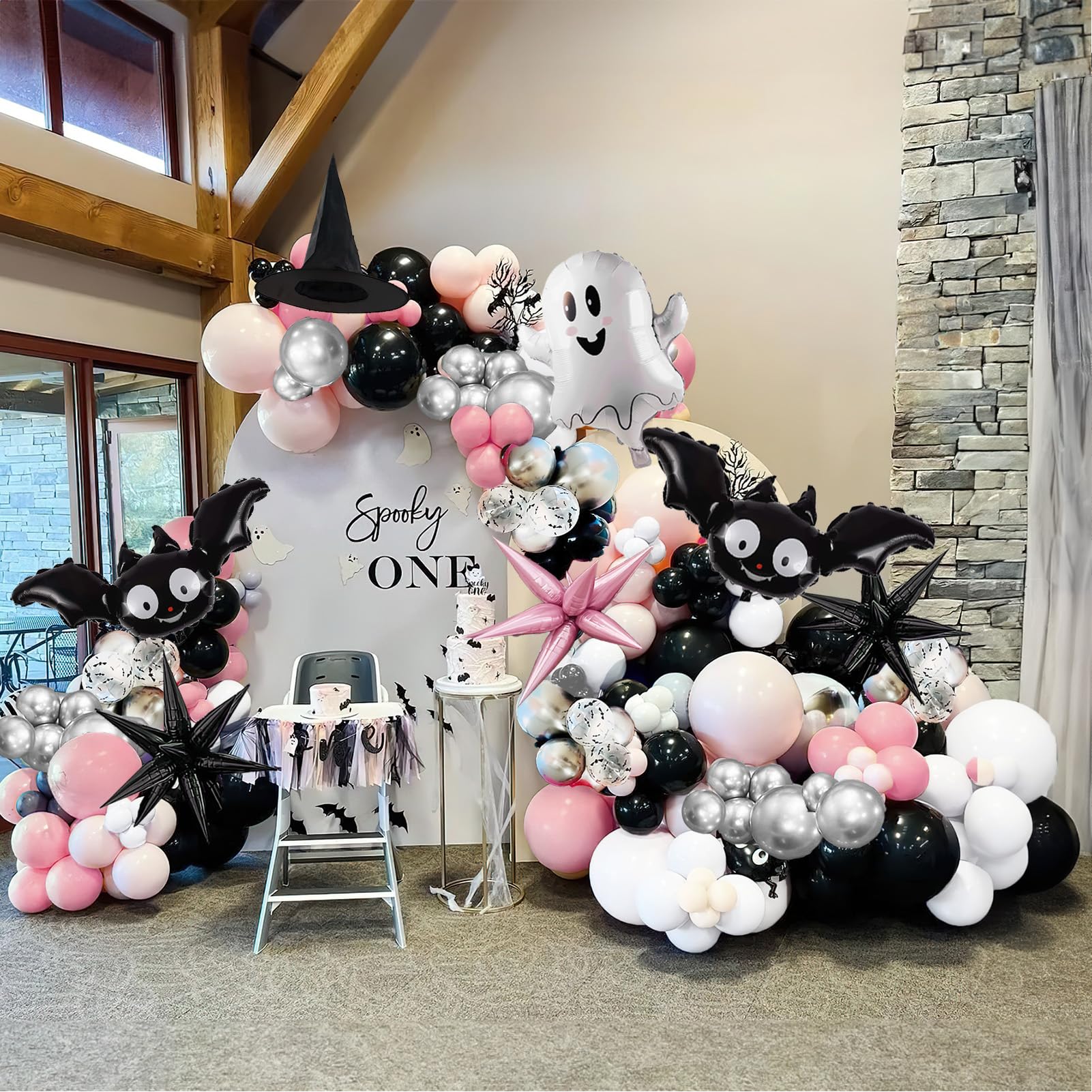 Pink Black Silver White Halloween Balloon Garland Kit 130Pcs With Starburst Ghost balloon and wizard Hat for Girl baby shower Happy boo day spooky one Birthday Party Decoration