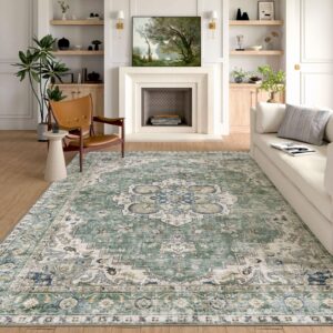 luxrug washable area rug 8x10 - large sage green boho rugs for living room soft vintage bedroom rug ultra-thin distressed oriental carpet stain resistant rug for dining room guest room home decor