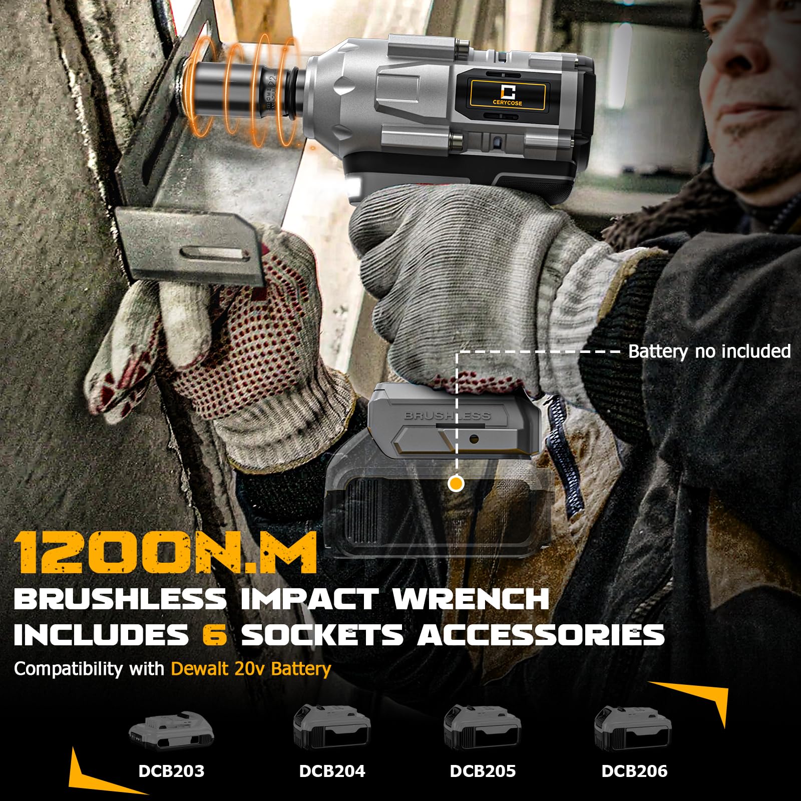 Cordless Impact Wrench 1/2 inch for Dewalt Battery 900FT-LBS with 6 Sockets and Durable Toolbox Brushless Impact Gun Includes LED Work Light - High Torque Impact Driver, No Battery