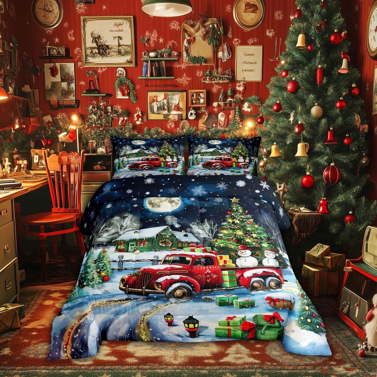 Rustic Farmhouse Xmas Comforter Set King Size,Retro Red Truck Snowman Duvet Insert for Kids Boys Girls Room Decor,Snowflake Cabin Christmas Tree Bedding Set 3Pcs,Xmas Theme Quilt Set,2 Pillowcases