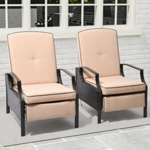 yitahome patio outdoor recliner chairs set of 2 adjustable wicker reclining lounge chairs, dual-use rattan lounge chairs with soft thick cushions, extended footrest, flip back (brown + beige)