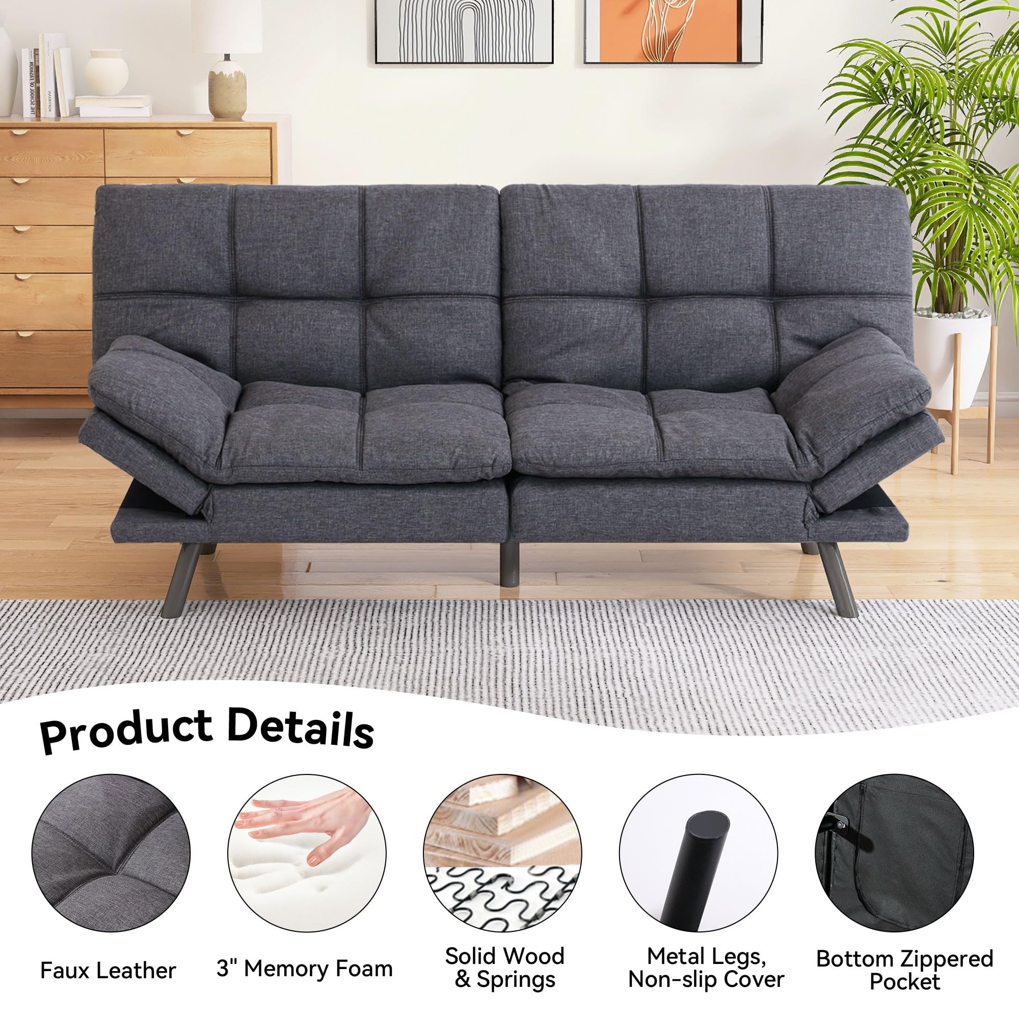 AMICLIBER Futon Sofa Bed Couch,Memory Foam Convertible Futon Couch,Linen Fabric Loveseat Sleeper Sofa Bed,Small Splitback Modern Sofa Bed for Living Room,Office,Apartment,Deep Grey