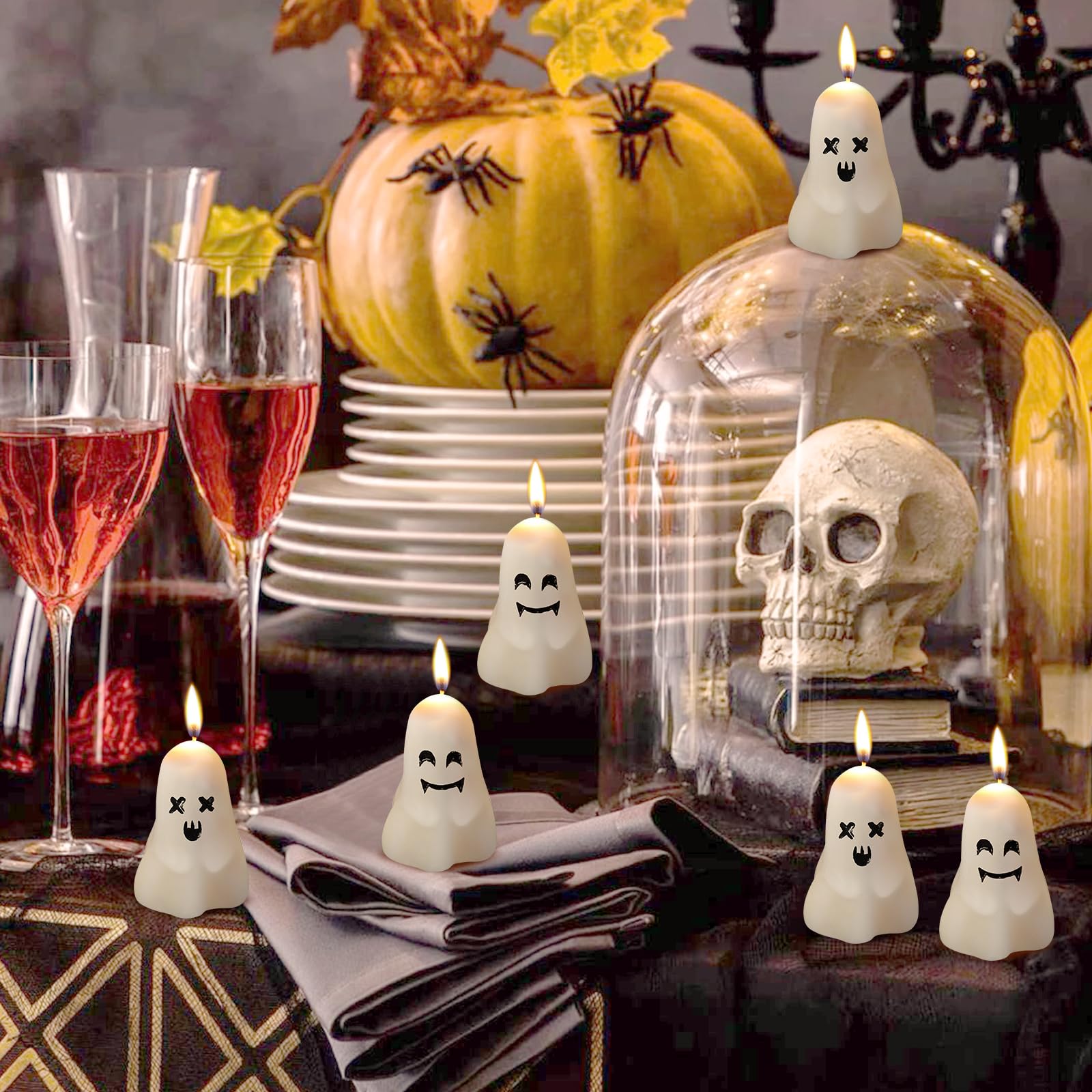 JYNTERPLAY 12 Pcs Ghost Candles Halloween Thanksgiving Decoration Cute Fun Face Spooky Wax Burning Candle Mini Shaped Handmade for Home